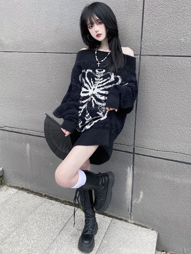 Gothic Harajuku Skull Sweater | Y2K Knitted Pullover |  Autumn Goth Punk Top | Cool Girl Back To School Knitwear