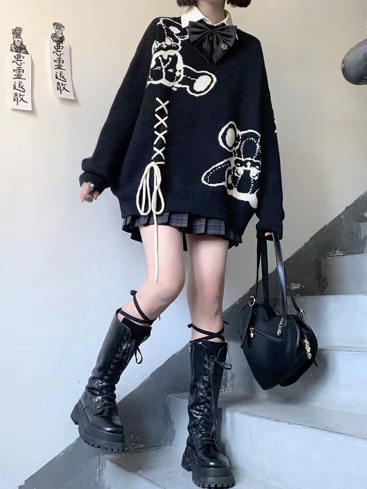 Gothic Oversized Women's Streetwear | Harajuku Cartoon Bear Sweater | Autumn-Winter Knitted Pullover | Hip Hop Bandage Design