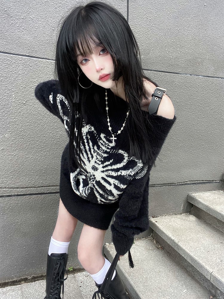 Gothic Harajuku Skull Sweater | Y2K Knitted Pullover |  Autumn Goth Punk Top | Cool Girl Back To School Knitwear